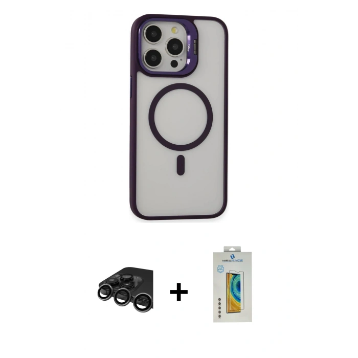 MARSİLYAN™- iPhone 15 Pro Kılıf Ahenk Klasik Özel Seri - Siyah Polymer Nano Ekran Koruyucu + Raze Metal Kamera Lens - TMGI