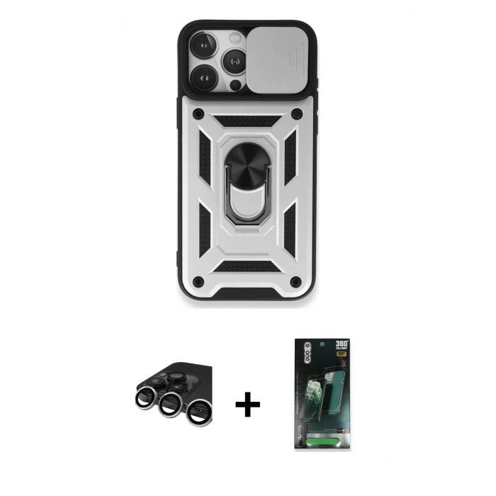 MARSİLYAN™- iPhone 15 Pro Kılıf Ahenk Klasik - Şeffaf 360 Full Body Arka Koruyucu + Raze Metal Kamera Lens - GS
