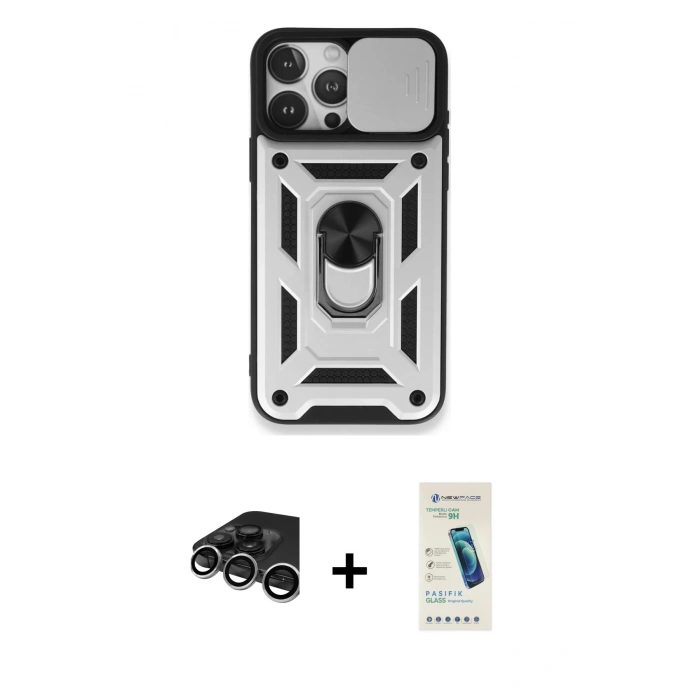 MARSİLYAN™- iPhone 15 Pro Kılıf Ahenk Klasik - Şeffaf Pasifik Cam Ekran Koruyucu + Raze Metal Kamera Lens - GS