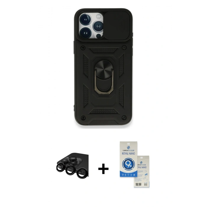 MARSİLYAN™- iPhone 15 Pro Kılıf Ahenk Klasik - Şeffaf Royal Nano Ekran Koruyucu + Raze Metal Kamera Lens - SH