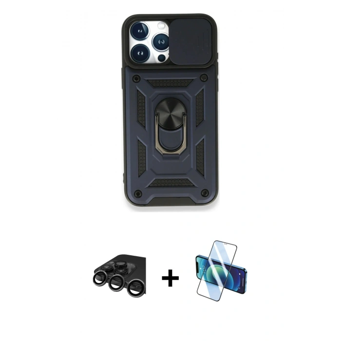 MARSİLYAN™- iPhone 15 Pro Kılıf Ahenk Klasik - Siyah 3D Antistatik Cam Ekran Koruyucu + Raze Metal Kamera Lens - TMGI