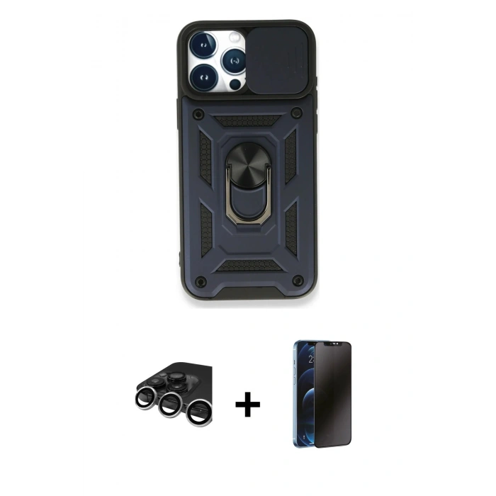 MARSİLYAN™- iPhone 15 Pro Kılıf Ahenk Klasik - Siyah 3D Antistatik Hayalet Cam Ekran Koruyucu + Raze Metal Kamera Lens - GS