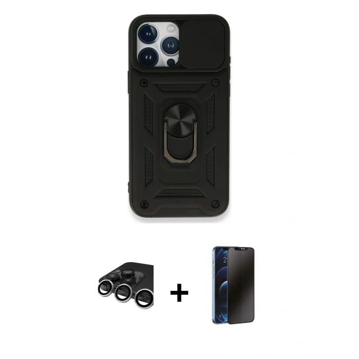 MARSİLYAN™- iPhone 15 Pro Kılıf Ahenk Klasik - Siyah 3D Antistatik Hayalet Cam Ekran Koruyucu + Raze Metal Kamera Lens - GS