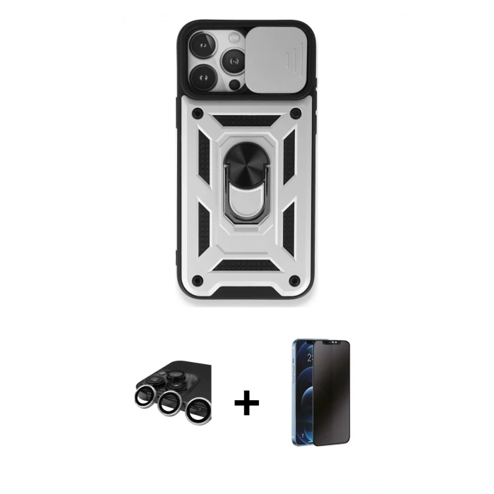 MARSİLYAN™- iPhone 15 Pro Kılıf Ahenk Klasik - Siyah 3D Antistatik Hayalet Cam Ekran Koruyucu + Raze Metal Kamera Lens - GS