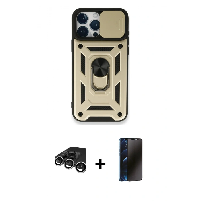 MARSİLYAN™- iPhone 15 Pro Kılıf Ahenk Klasik - Siyah 3D Antistatik Hayalet Cam Ekran Koruyucu + Raze Metal Kamera Lens - GS