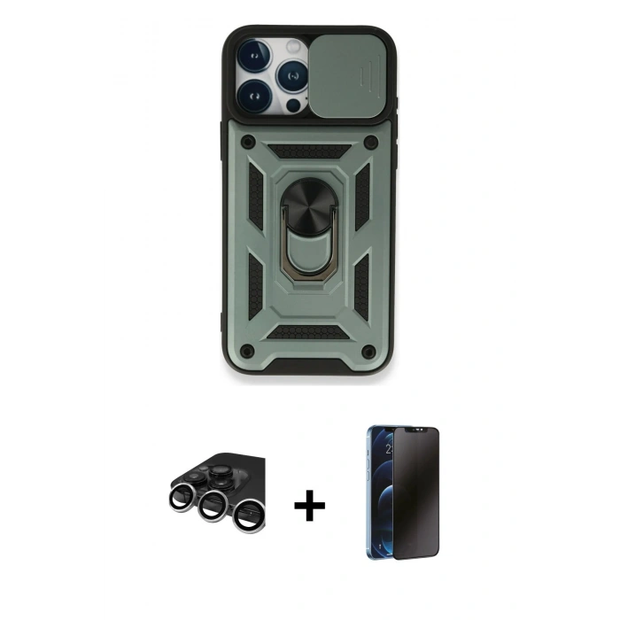 MARSİLYAN™- iPhone 15 Pro Kılıf Ahenk Klasik - Siyah 3D Antistatik Hayalet Cam Ekran Koruyucu + Raze Metal Kamera Lens - GS