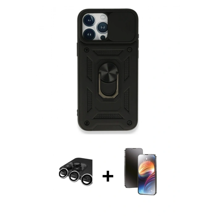 MARSİLYAN™- iPhone 15 Pro Kılıf Ahenk Klasik - Siyah 3D Antistatik Mat Seramik Nano Ekran Koruyucu + Raze Metal Kamera Lens - GS