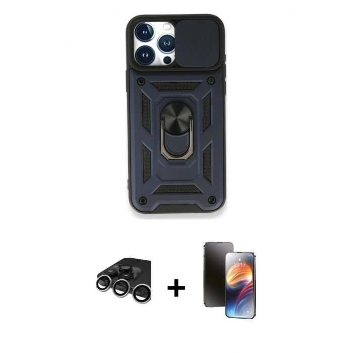 MARSİLYAN™- iPhone 15 Pro Kılıf Ahenk Klasik - Siyah 3D Antistatik Mat Seramik Nano Ekran Koruyucu + Raze Metal Kamera Lens - GS