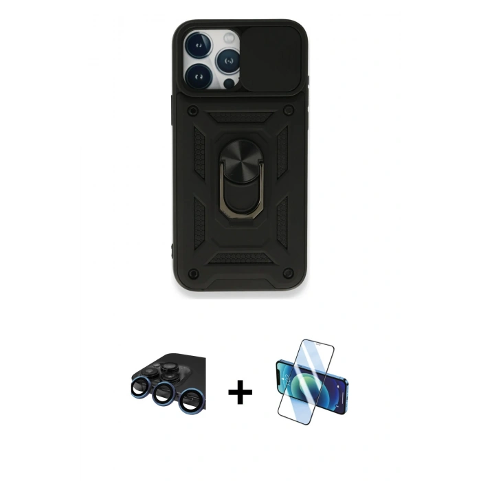 MARSİLYAN™- iPhone 15 Pro Kılıf Ahenk Klasik - Siyah 3D Antistatik Seramik Nano Ekran Koruyucu + Raze Metal Kamera Lens - LT