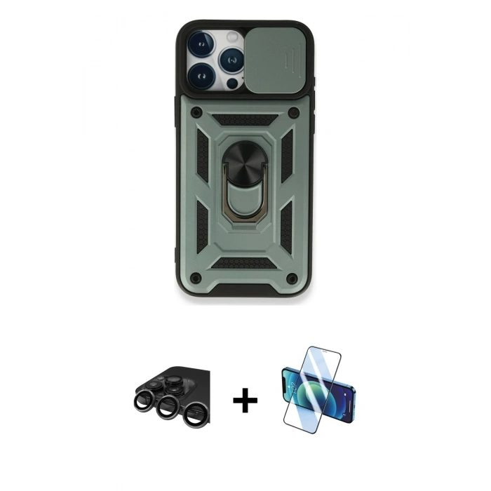 MARSİLYAN™- iPhone 15 Pro Kılıf Ahenk Klasik - Siyah 3D Antistatik Seramik Nano Ekran Koruyucu + Raze Metal Kamera Lens - TMGI