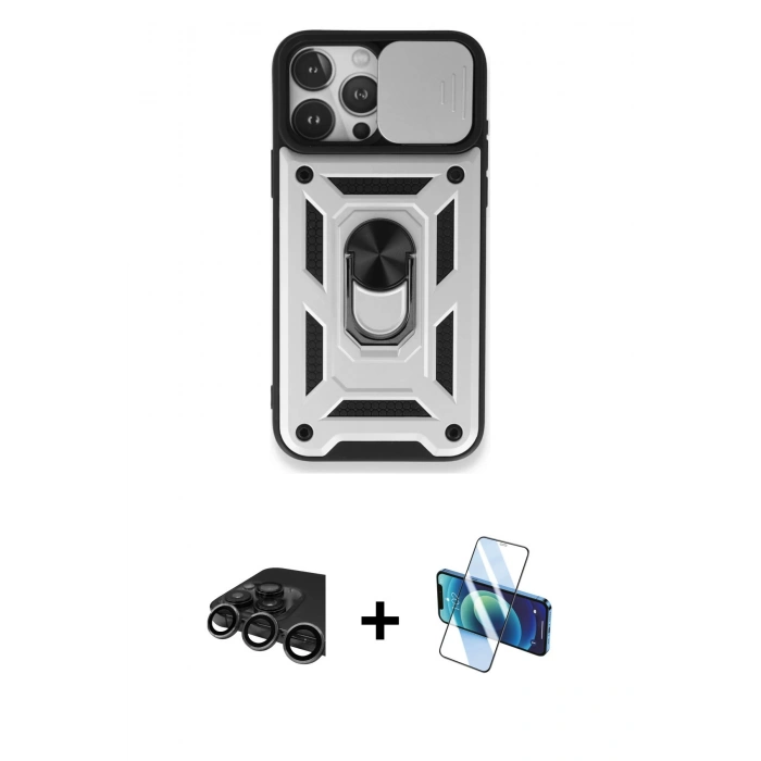 MARSİLYAN™- iPhone 15 Pro Kılıf Ahenk Klasik - Siyah 3D Antistatik Seramik Nano Ekran Koruyucu + Raze Metal Kamera Lens - TMGI
