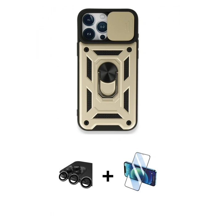 MARSİLYAN™- iPhone 15 Pro Kılıf Ahenk Klasik - Siyah 3D Antistatik Seramik Nano Ekran Koruyucu + Raze Metal Kamera Lens - TMGI