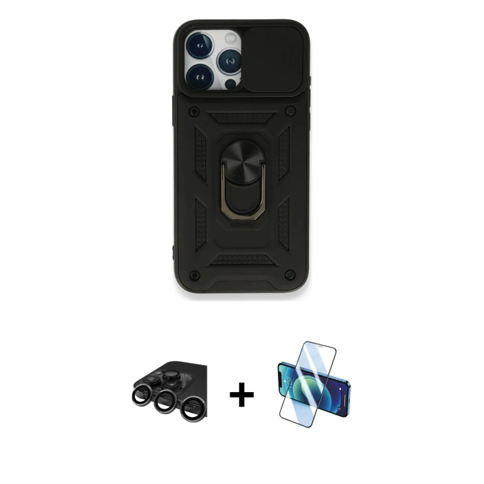 MARSİLYAN™- iPhone 15 Pro Kılıf Ahenk Klasik - Siyah 3D Antistatik Seramik Nano Ekran Koruyucu + Raze Metal Kamera Lens - TMGI