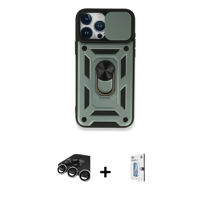 MARSİLYAN™- iPhone 15 Pro Kılıf Ahenk Klasik - Siyah Bilvis 0.18mm Plus Cam Ekran Koruyucu + Raze Metal Kamera Lens - GS