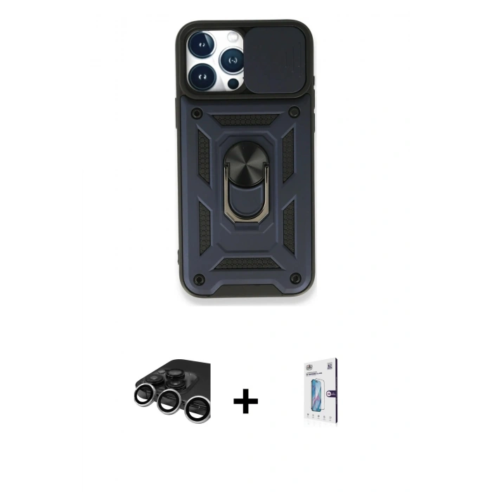 MARSİLYAN™- iPhone 15 Pro Kılıf Ahenk Klasik - Siyah Bilvis 0.18mm Plus Cam Ekran Koruyucu + Raze Metal Kamera Lens - GS