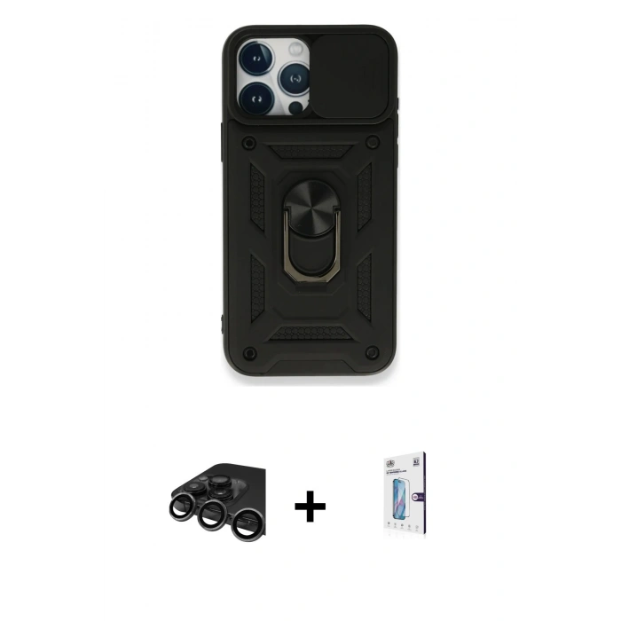 MARSİLYAN™- iPhone 15 Pro Kılıf Ahenk Klasik - Siyah Bilvis 0.18mm Plus Cam Ekran Koruyucu + Raze Metal Kamera Lens - TMGI