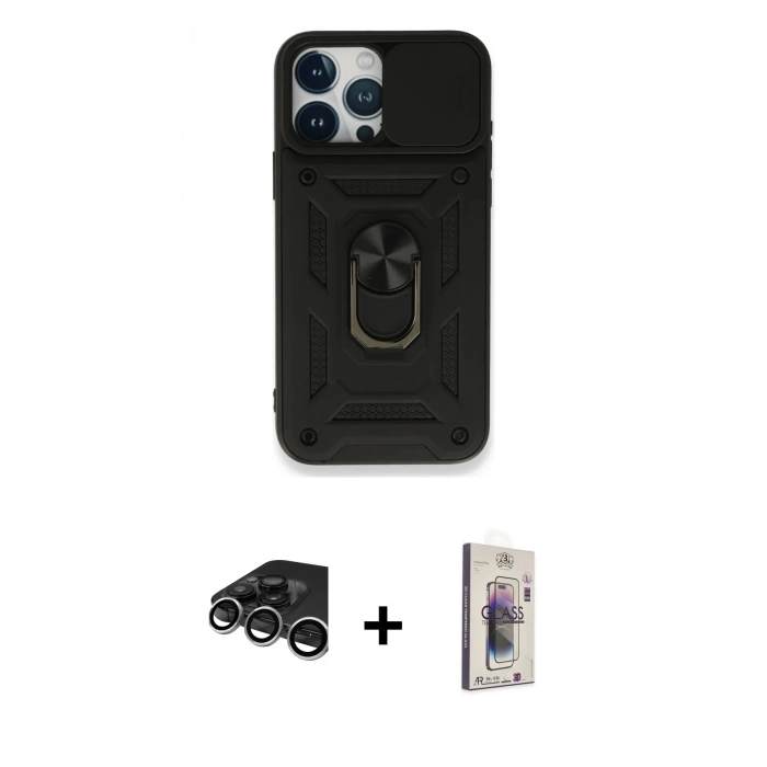 MARSİLYAN™- iPhone 15 Pro Kılıf Ahenk Klasik - Siyah Bilvis 3D Cam Ekran Koruyucu + Raze Metal Kamera Lens - GS