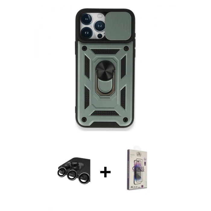 MARSİLYAN™- iPhone 15 Pro Kılıf Ahenk Klasik - Siyah Bilvis 3D Cam Ekran Koruyucu + Raze Metal Kamera Lens - TMGI