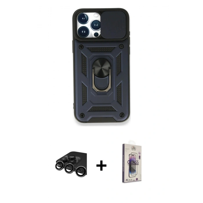 MARSİLYAN™- iPhone 15 Pro Kılıf Ahenk Klasik - Siyah Bilvis 3D Cam Ekran Koruyucu + Raze Metal Kamera Lens - TMGI