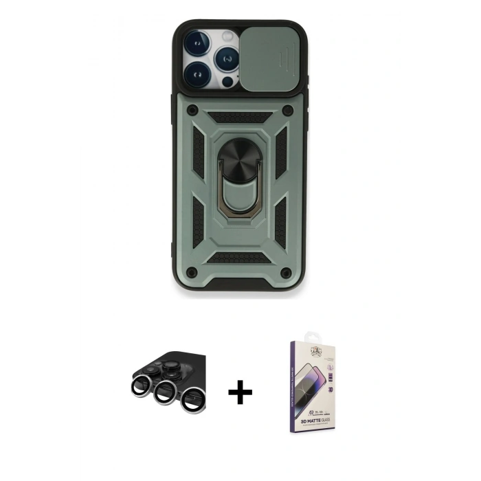 MARSİLYAN™- iPhone 15 Pro Kılıf Ahenk Klasik - Siyah Bilvis 3D Mat Cam Ekran Koruyucu + Raze Metal Kamera Lens - GS