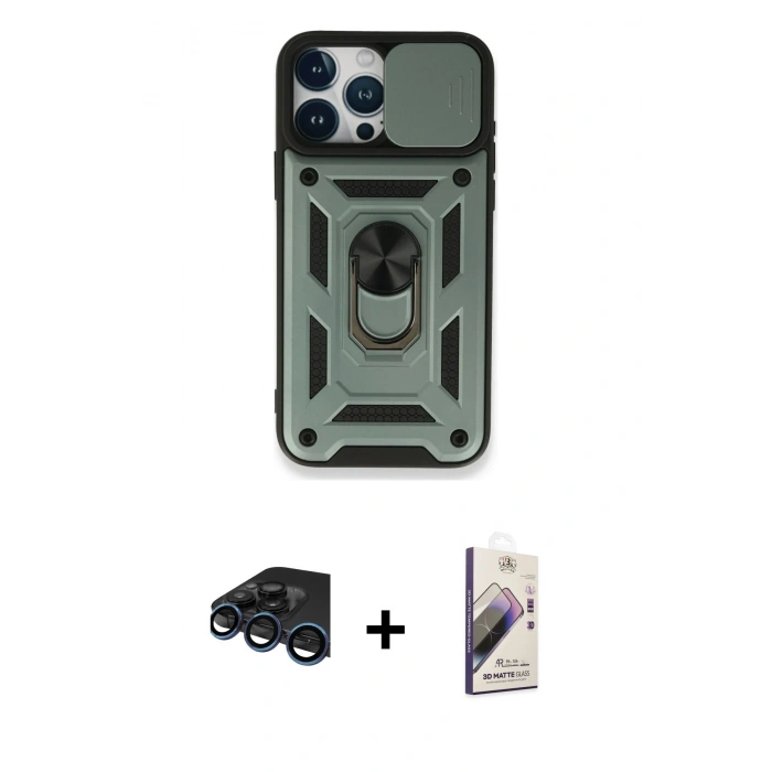 MARSİLYAN™- iPhone 15 Pro Kılıf Ahenk Klasik - Siyah Bilvis 3D Mat Cam Ekran Koruyucu + Raze Metal Kamera Lens - LT