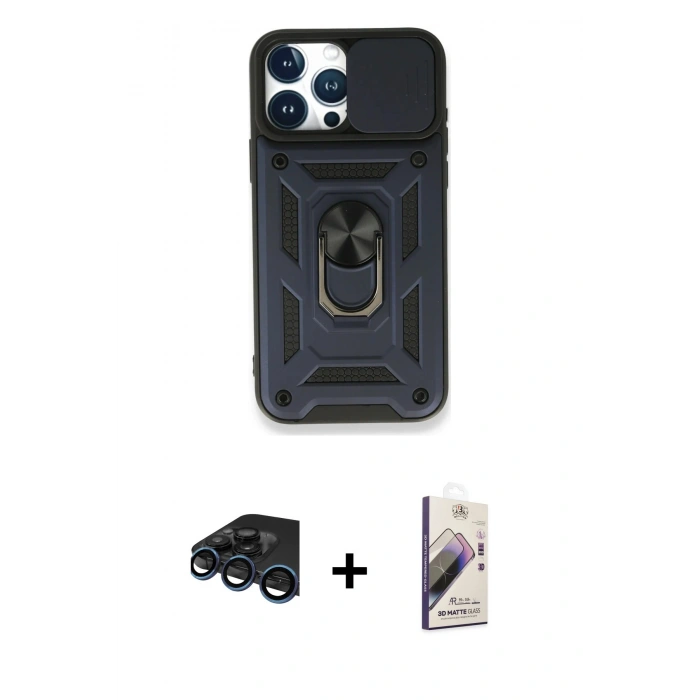 MARSİLYAN™- iPhone 15 Pro Kılıf Ahenk Klasik - Siyah Bilvis 3D Mat Cam Ekran Koruyucu + Raze Metal Kamera Lens - LT