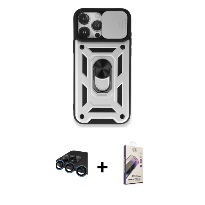MARSİLYAN™- iPhone 15 Pro Kılıf Ahenk Klasik - Siyah Bilvis 3D Mat Cam Ekran Koruyucu + Raze Metal Kamera Lens - LT