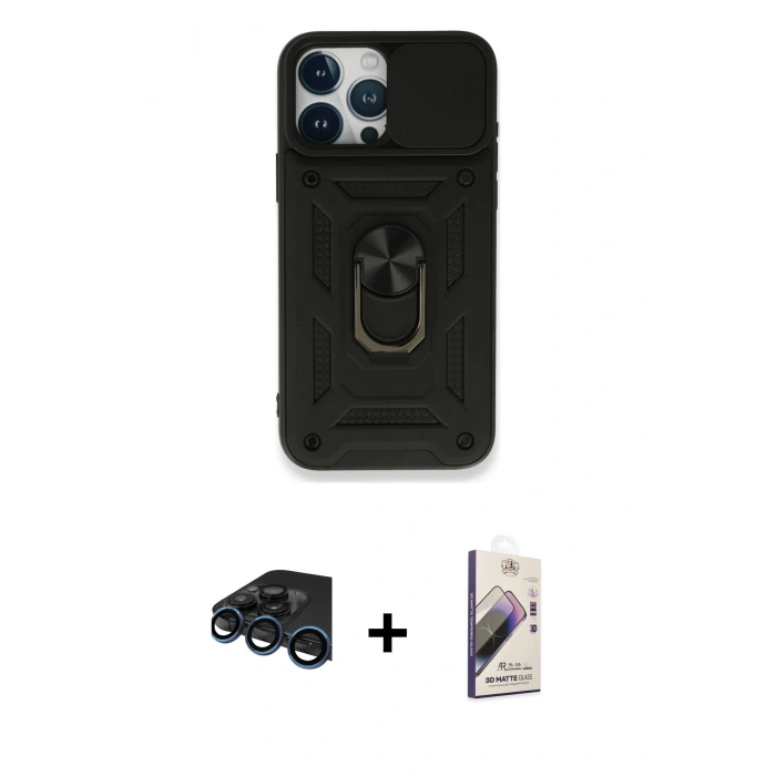 MARSİLYAN™- iPhone 15 Pro Kılıf Ahenk Klasik - Siyah Bilvis 3D Mat Cam Ekran Koruyucu + Raze Metal Kamera Lens - LT