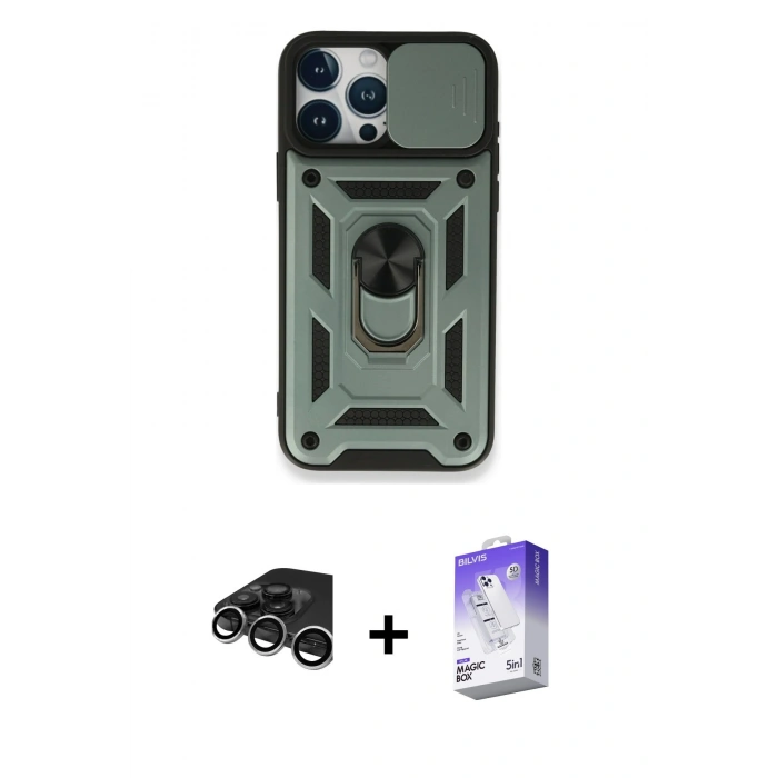 MARSİLYAN™- iPhone 15 Pro Kılıf Ahenk Klasik - Siyah Bilvis 5in1 3D Magic Cam Ekran Koruyucu + Raze Metal Kamera Lens - GS