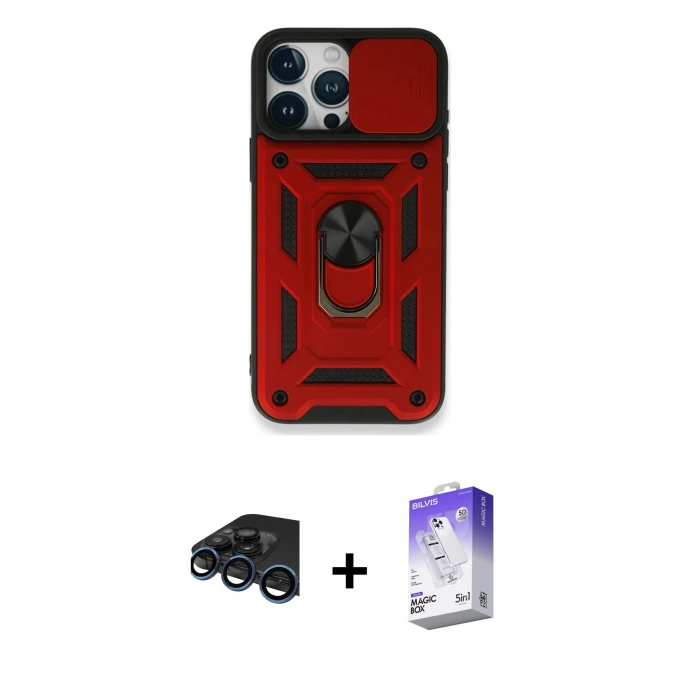 MARSİLYAN™- iPhone 15 Pro Kılıf Ahenk Klasik - Siyah Bilvis 5in1 3D Magic Cam Ekran Koruyucu + Raze Metal Kamera Lens - LT