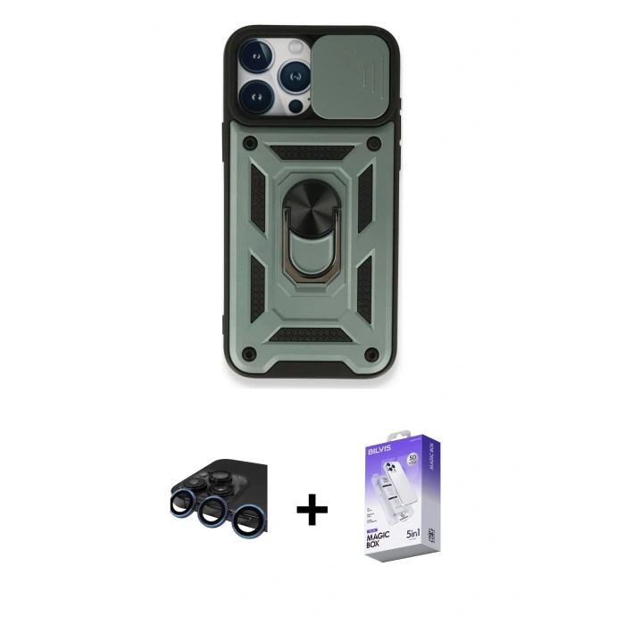 MARSİLYAN™- iPhone 15 Pro Kılıf Ahenk Klasik - Siyah Bilvis 5in1 3D Magic Cam Ekran Koruyucu + Raze Metal Kamera Lens - LT
