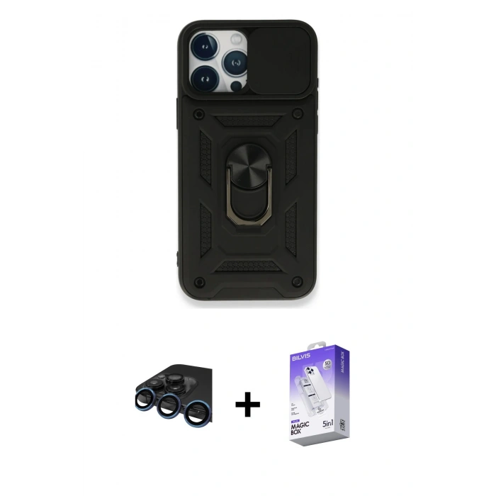 MARSİLYAN™- iPhone 15 Pro Kılıf Ahenk Klasik - Siyah Bilvis 5in1 3D Magic Cam Ekran Koruyucu + Raze Metal Kamera Lens - LT