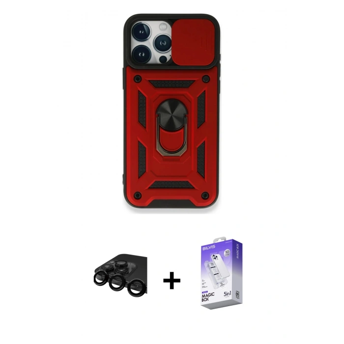 MARSİLYAN™- iPhone 15 Pro Kılıf Ahenk Klasik - Siyah Bilvis 5in1 3D Magic Cam Ekran Koruyucu + Raze Metal Kamera Lens - SH