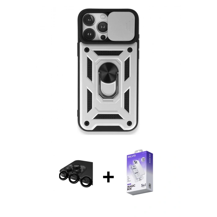 MARSİLYAN™- iPhone 15 Pro Kılıf Ahenk Klasik - Siyah Bilvis 5in1 3D Magic Cam Ekran Koruyucu + Raze Metal Kamera Lens - SH