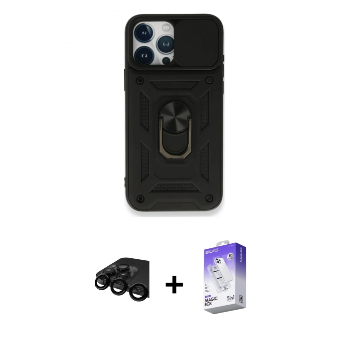 MARSİLYAN™- iPhone 15 Pro Kılıf Ahenk Klasik - Siyah Bilvis 5in1 3D Magic Cam Ekran Koruyucu + Raze Metal Kamera Lens - SH