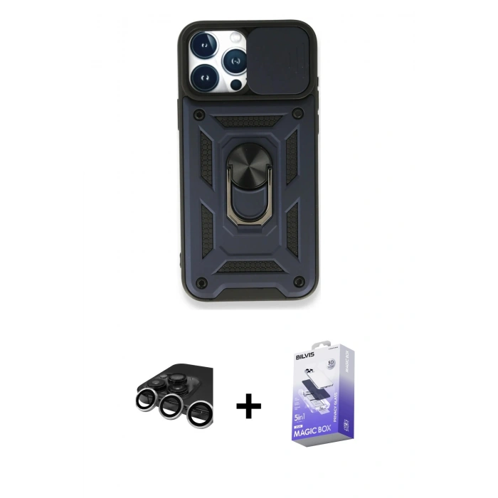 MARSİLYAN™- iPhone 15 Pro Kılıf Ahenk Klasik - Siyah Bilvis 5in1 5D Magic Hayalet Cam Ekran Koruyucu + Raze Metal Kamera Lens - GS