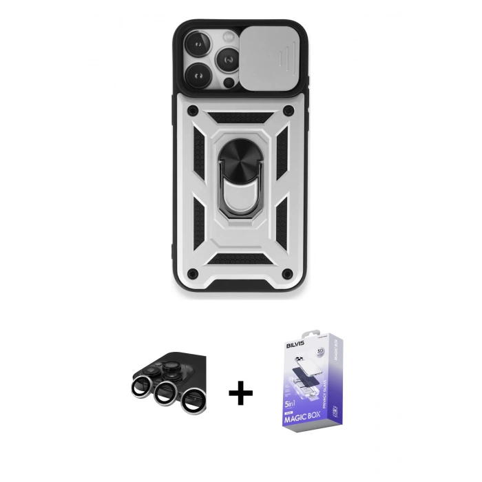 MARSİLYAN™- iPhone 15 Pro Kılıf Ahenk Klasik - Siyah Bilvis 5in1 5D Magic Hayalet Cam Ekran Koruyucu + Raze Metal Kamera Lens - GS