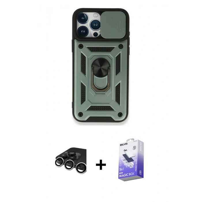 MARSİLYAN™- iPhone 15 Pro Kılıf Ahenk Klasik - Siyah Bilvis 5in1 5D Magic Hayalet Cam Ekran Koruyucu + Raze Metal Kamera Lens - GS