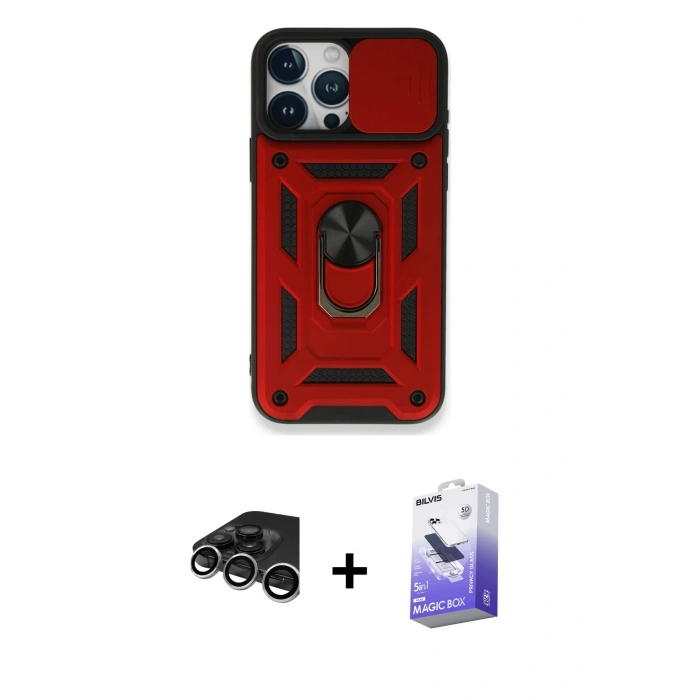 MARSİLYAN™- iPhone 15 Pro Kılıf Ahenk Klasik - Siyah Bilvis 5in1 5D Magic Hayalet Cam Ekran Koruyucu + Raze Metal Kamera Lens - GS