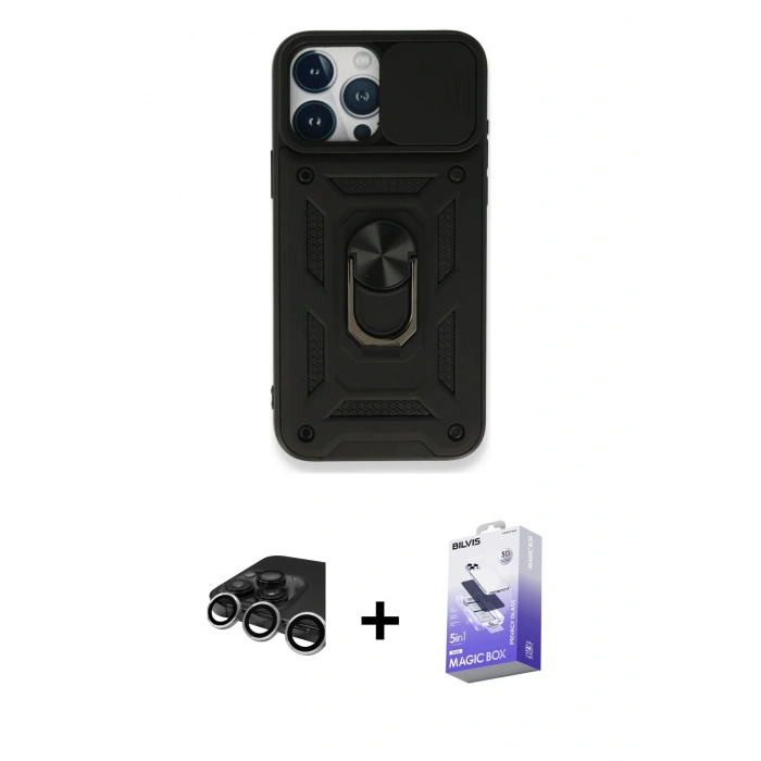 MARSİLYAN™- iPhone 15 Pro Kılıf Ahenk Klasik - Siyah Bilvis 5in1 5D Magic Hayalet Cam Ekran Koruyucu + Raze Metal Kamera Lens - GS