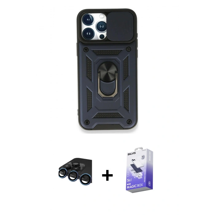 MARSİLYAN™- iPhone 15 Pro Kılıf Ahenk Klasik - Siyah Bilvis 5in1 5D Magic Hayalet Cam Ekran Koruyucu + Raze Metal Kamera Lens - LT