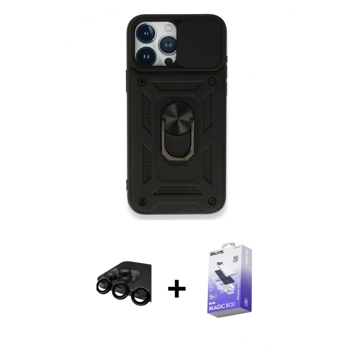 MARSİLYAN™- iPhone 15 Pro Kılıf Ahenk Klasik - Siyah Bilvis 5in1 5D Magic Hayalet Cam Ekran Koruyucu + Raze Metal Kamera Lens - SH