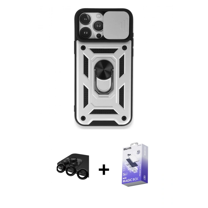 MARSİLYAN™- iPhone 15 Pro Kılıf Ahenk Klasik - Siyah Bilvis 5in1 5D Magic Hayalet Cam Ekran Koruyucu + Raze Metal Kamera Lens - SH