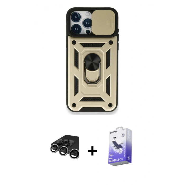 MARSİLYAN™- iPhone 15 Pro Kılıf Ahenk Klasik - Siyah Bilvis 5in1 5D Magic Hayalet Cam Ekran Koruyucu + Raze Metal Kamera Lens - GS