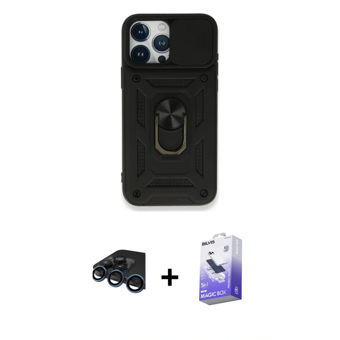 MARSİLYAN™- iPhone 15 Pro Kılıf Ahenk Klasik - Siyah Bilvis 5in1 5D Magic Hayalet Cam Ekran Koruyucu + Raze Metal Kamera Lens - LT