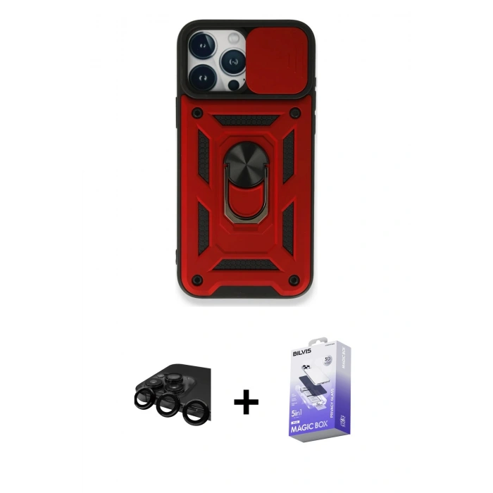 MARSİLYAN™- iPhone 15 Pro Kılıf Ahenk Klasik - Siyah Bilvis 5in1 5D Magic Hayalet Cam Ekran Koruyucu + Raze Metal Kamera Lens - SH