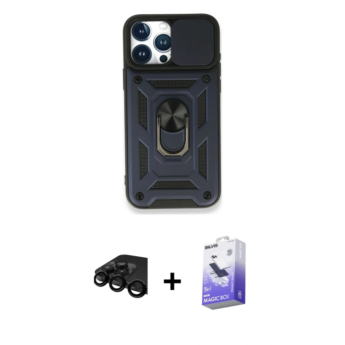 MARSİLYAN™- iPhone 15 Pro Kılıf Ahenk Klasik - Siyah Bilvis 5in1 5D Magic Hayalet Cam Ekran Koruyucu + Raze Metal Kamera Lens - SH