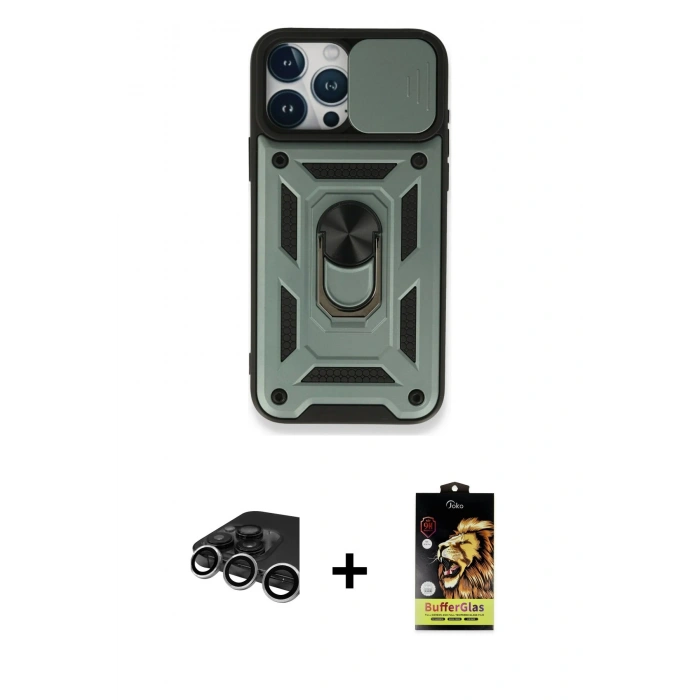 MARSİLYAN™- iPhone 15 Pro Kılıf Ahenk Klasik - Siyah Buffer Cam Ekran Koruyucu + Raze Metal Kamera Lens - GS