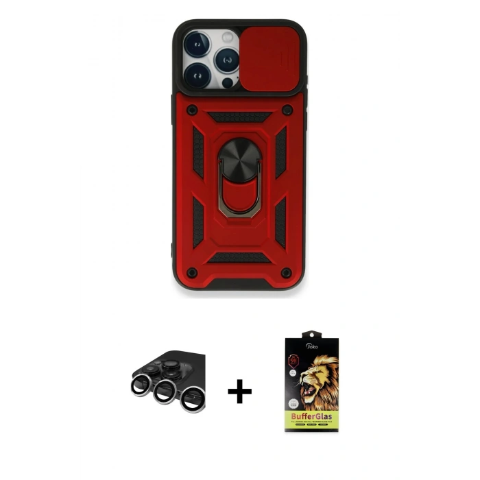 MARSİLYAN™- iPhone 15 Pro Kılıf Ahenk Klasik - Siyah Buffer Cam Ekran Koruyucu + Raze Metal Kamera Lens - GS