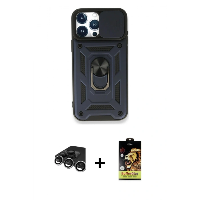 MARSİLYAN™- iPhone 15 Pro Kılıf Ahenk Klasik - Siyah Buffer Cam Ekran Koruyucu + Raze Metal Kamera Lens - GS